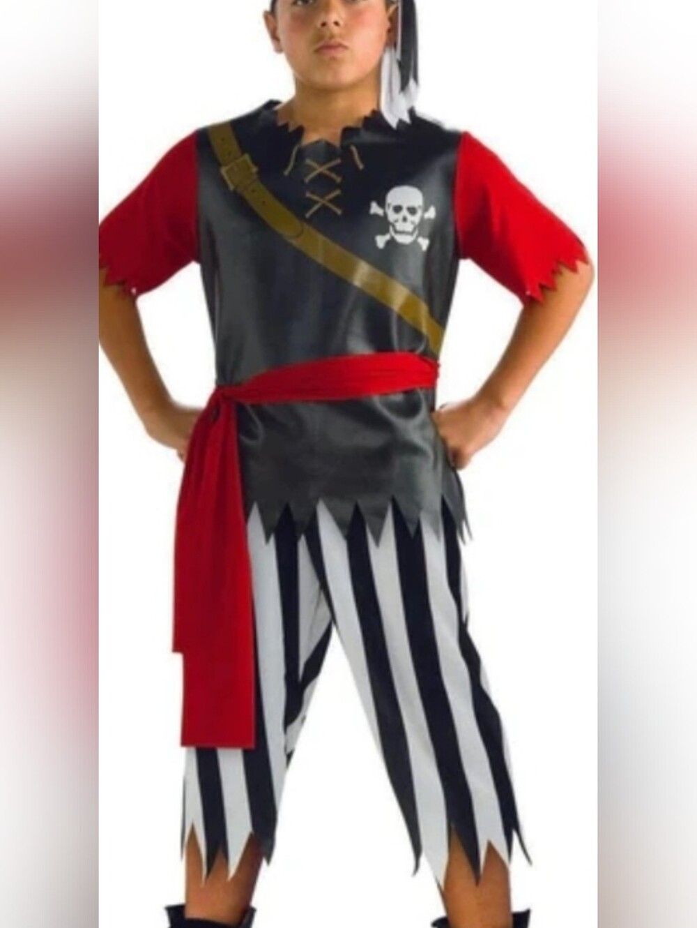 Kids Pirate Costume Medium with Red Sash and Striped Pants, Shirt, Headband